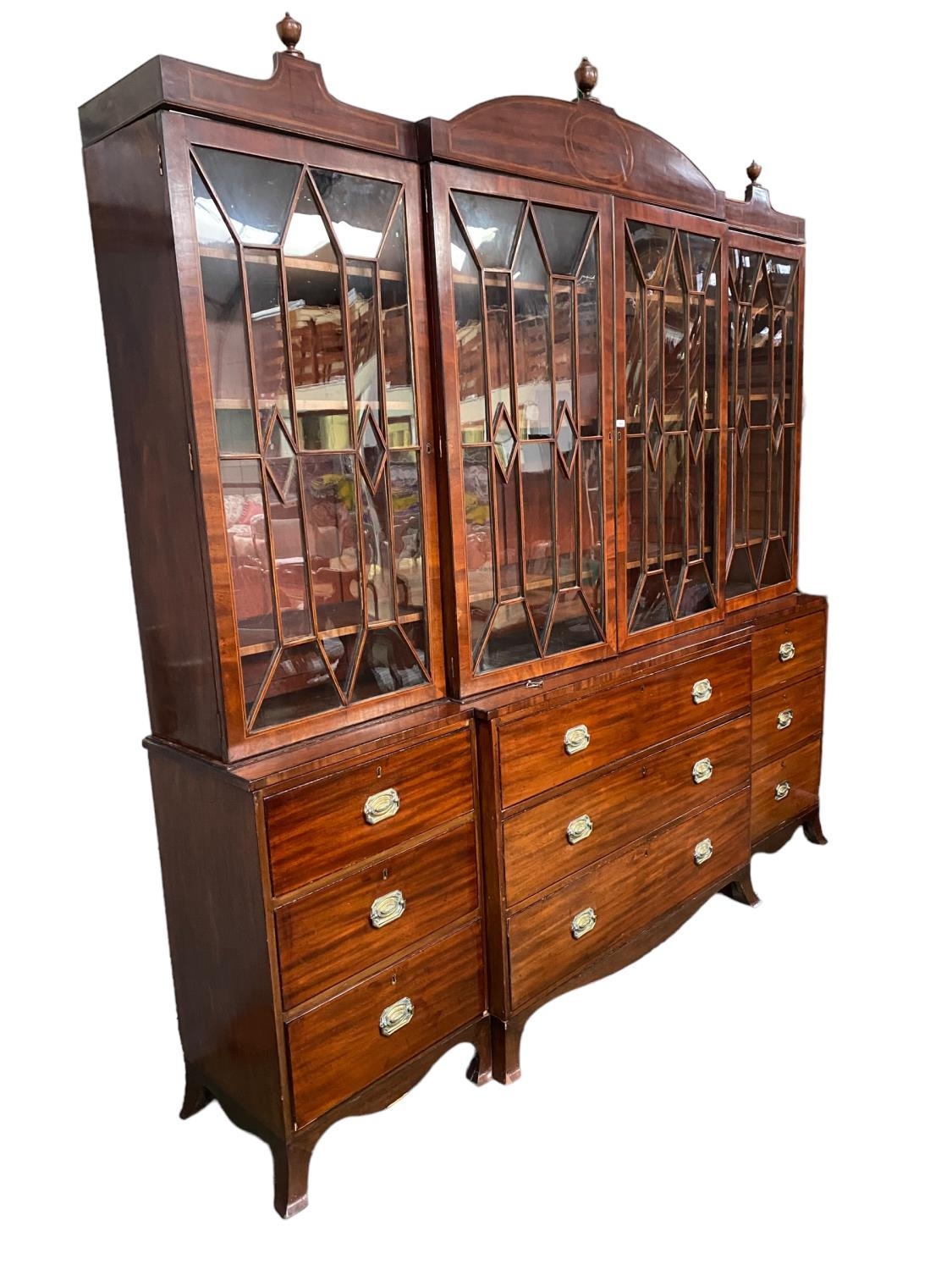 A good Regency breakfront inlaid mahogany library bookcase, with glazed upper parts, 260cmH x 244cmW - Image 2 of 9