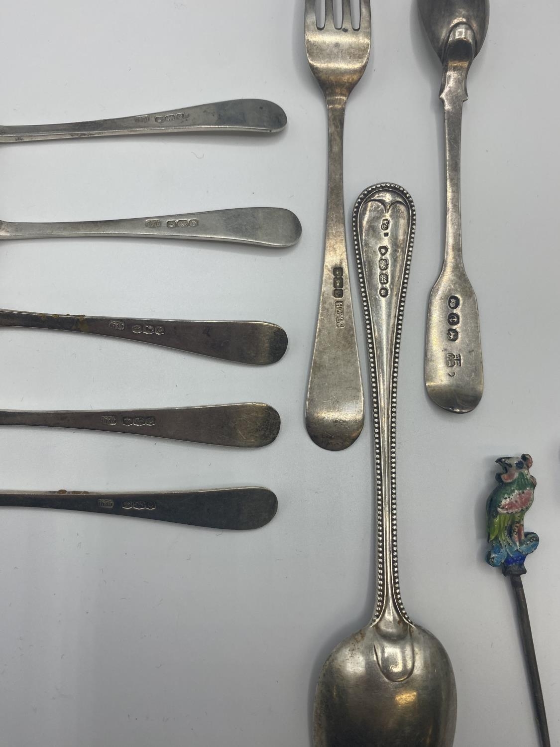 Quantity of silver teaspoons, and two silver plate teapots, and cocktail sticks - Image 4 of 8