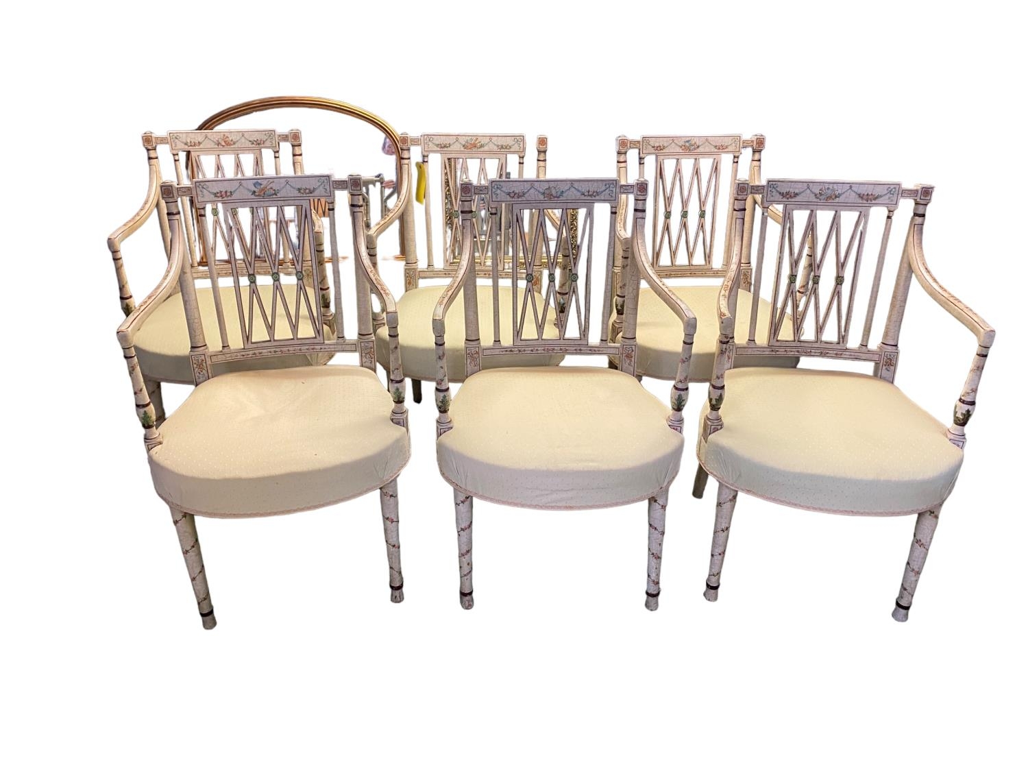 A set of six Regency painted salon armchairs, 91cm H 53.5 cm W, seat depth 47.5 cm