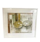 FIONA LEWIS, contemporary framed and glazed abstract, marked verso "Tablecloth, Platters, oil and