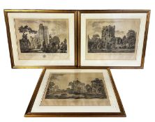 After Paul Sandby, A set of 3 framed and gilt glazed black and white lithographs prints, titled to