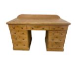 Natural pine twin pedestal 3 piece writing desk of 9 drawers 127 cm wide