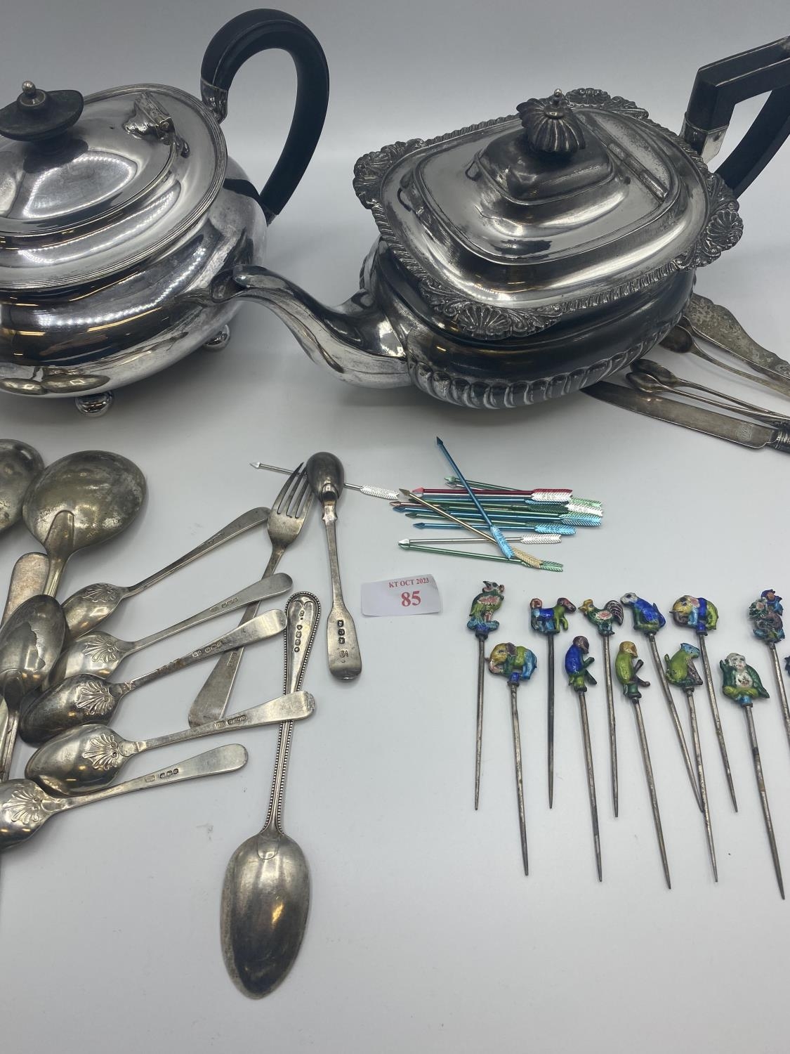 Quantity of silver teaspoons, and two silver plate teapots, and cocktail sticks - Image 3 of 8