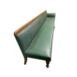 Victorian oak framed studded green rexine seat, possibly ex railway waiting room 410 cm Long, in