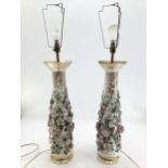 A pair of large Meissen style conical table lamps with applied floral and gilt decoration , 58cm H