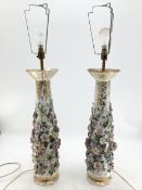 A pair of large Meissen style conical table lamps with applied floral and gilt decoration , 58cm H