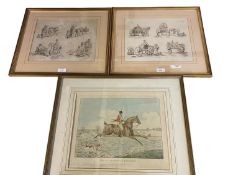 A coloured etching print of a horse and hounds together with two prints of country scenes