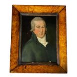 Bust portrait of a C19th gentleman in green jacket, 48cm x 36cm, in burr walnut frame