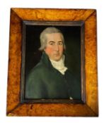 Bust portrait of a C19th gentleman in green jacket, 48cm x 36cm, in burr walnut frame