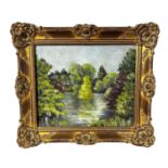 A C20th oil on board, forest landscape, in large gilt frame, board painted verso, 49 x 59cm