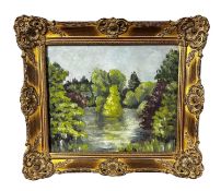 A C20th oil on board, forest landscape, in large gilt frame, board painted verso, 49 x 59cm