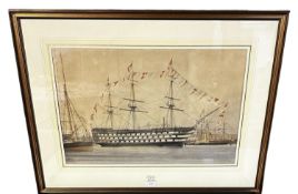 Watercolour and pencil on paper, of HMS Victory, circa 1895 at Portsmouth, in a glazed gilt frame,