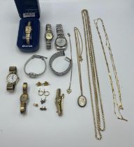 A collection of unmarked yellow metal jewellery together with some high street fashion watches.