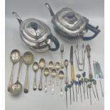 Quantity of silver teaspoons, and two silver plate teapots, and cocktail sticks