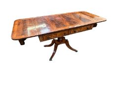 Regency cross banded flame mahogany sofa table 149.cm with leaves up (90 cm with leaves down) x 64