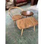 Small Ercol spindle back tub chair, pebble shaped nest of tables, and a small side table 72cm W