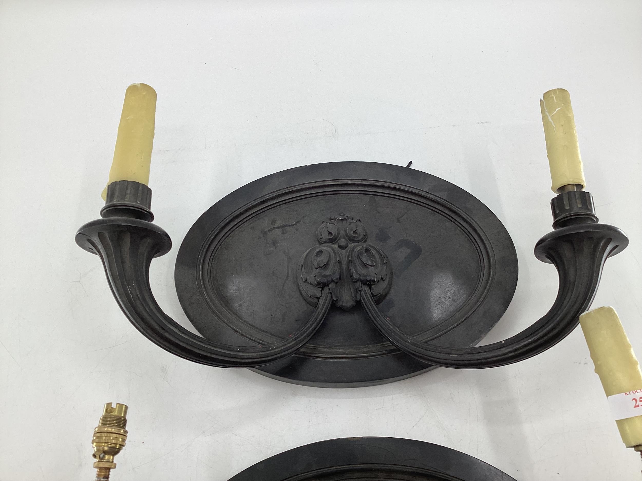 A pair of French C19th Bronze two branch wall sconces, converted to electricity, 45cmW - Image 3 of 4