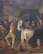 Oil on canvas, Tavern scene, indistinctly signed lower right in an unglazed gilt frame, 39 x 30cm