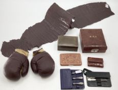 Quantity of vintage items to include two leather boxes, two leather purses, vintage boxing gloves,