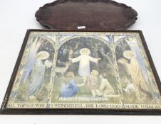 AN oriental style carved wooden tray together with a framed and glazed print style