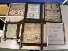 6 unframed and glazed needlework samplers, Edwardian and later A.M.Neville aged 8 and 14 years dated