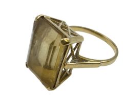 An 18ct gold and citrine ladies dress ring, large single emerald step cut citrine, 18 x 14mm in 4