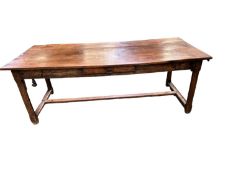French Fruitwood (elm or chestnut) plank top refectory dining table with end and side drawers 205 cm