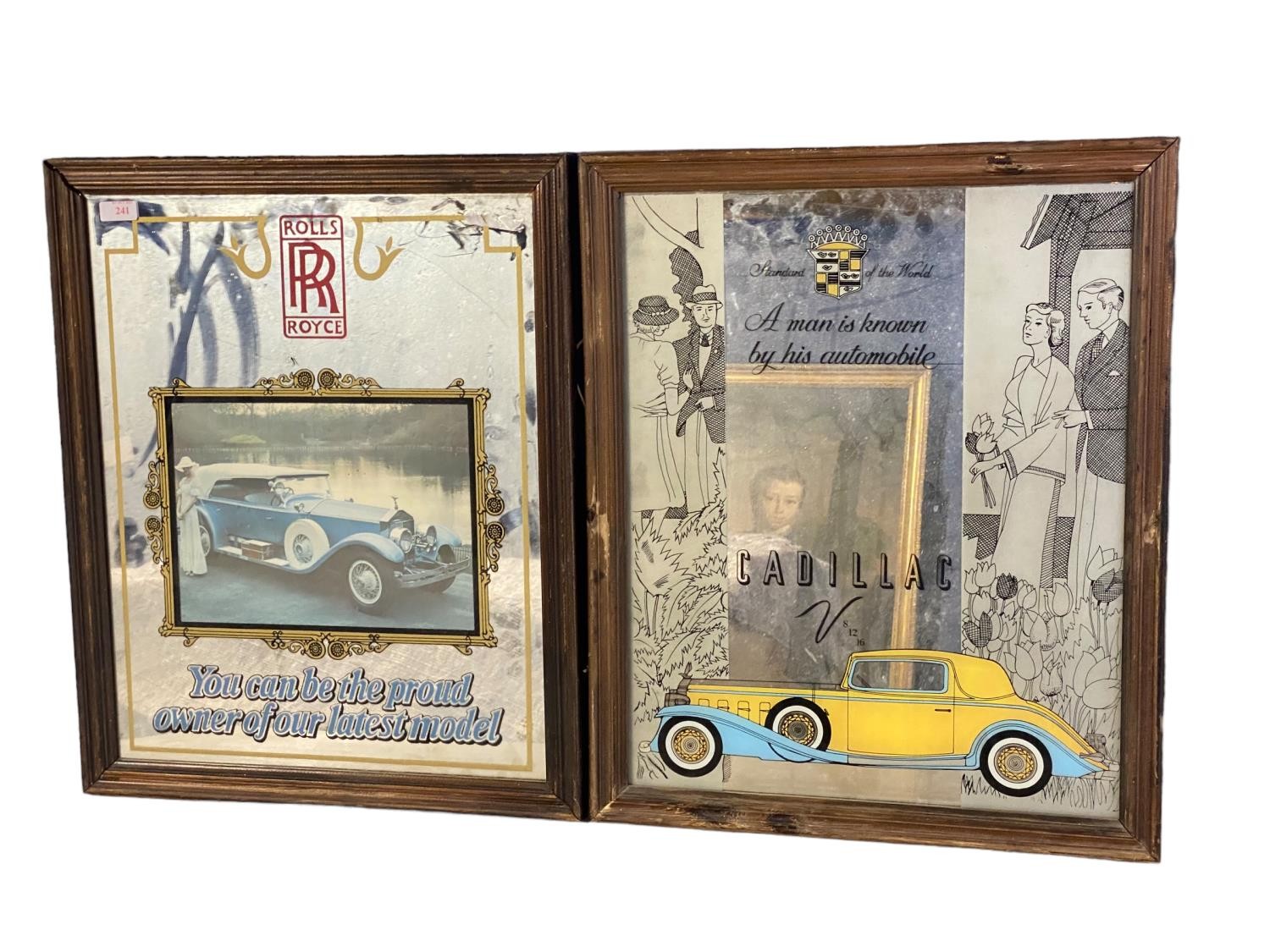 Pair of wall mirrors, advertising Rolls Royce and Cadillac, 51.5 x 41cm, some wear to frame