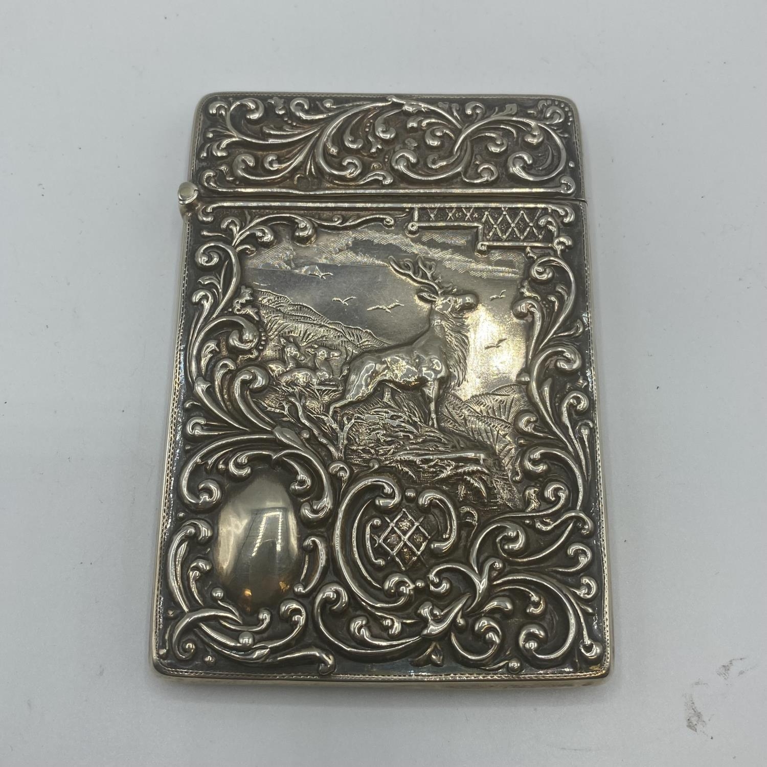 Two sterling silver card cases, one with a stag in a landscape, vacant cartouche, scrolling surround - Image 3 of 10