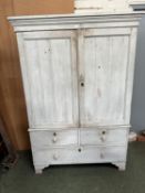 Circa 1850, Antique Irish White painted linen press, with key, with 2 drawers below cupboard