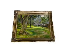 Oil on board, treescape, label verso "Sunlight in Orleans, Marjorie W Mound", signed lower right, in