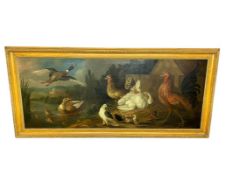 Attributed to Marmaduke Craddock 1660-1717, oil on canvas, Wildfowl on a landscape, 51 x 127cm, with