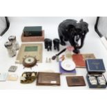 A collection of mis items to include 3 ebonised elephants, books, wedgwood ceramics etc