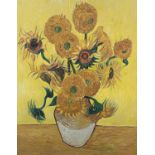 After Van Gough, modern reproduction oil on canvas, Sunflowers, 90cmH x 69cmW, Kensington House