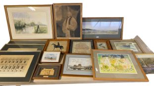 Framed and glazed architectural prints, a silhouette in a maple frame, and After Reynolds, a