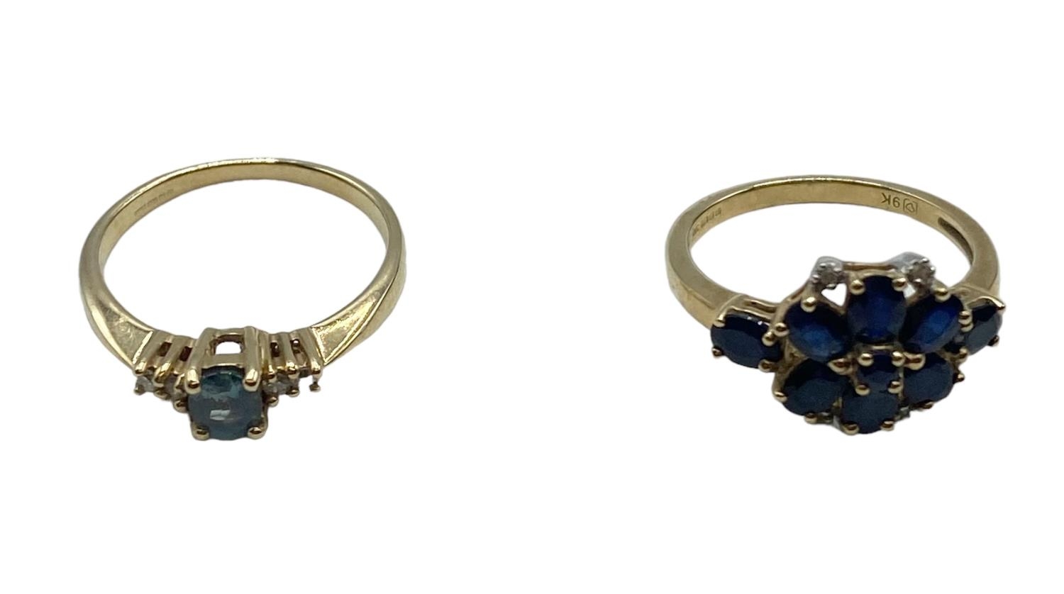Two 9 ct gold gem set rings, size J/K 4.2 g
