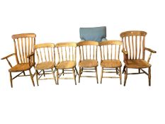 Set of four Windsor spindle back kitchen chairs, and two Windsor arm chairs (some wear to seats)