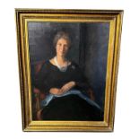 C20th oil on canvas, half portrait of a lady seated, in gilt frame, unsigned, 90cm x 70cm