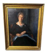 C20th oil on canvas, half portrait of a lady seated, in gilt frame, unsigned, 90cm x 70cm