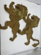 Two cloth collarges of lions, made with felt back and with applied gold braid, sequens, and wire