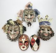 Three Italian ceramic wall masks, by Lago & Molin, together with two Venetian carnival masks,
