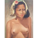 Hasim (Indonesian 1921-1982), oil on canvas, Seated Balinese girl, 56 x 37cm, in bamboo frame,