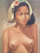 Hasim (Indonesian 1921-1982), oil on canvas, Seated Balinese girl, 56 x 37cm, in bamboo frame,