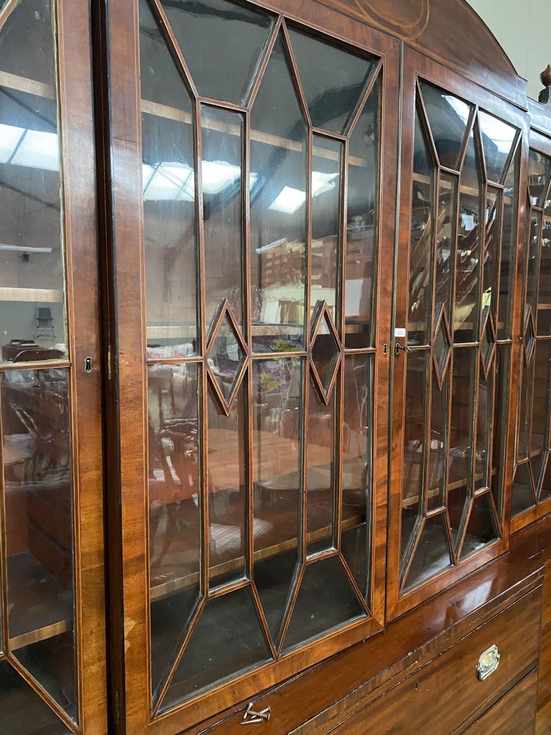 A good Regency breakfront inlaid mahogany library bookcase, with glazed upper parts, 260cmH x 244cmW - Image 9 of 9