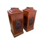 A fine pair of mahogany pedestals, in the Robert Adam taste, the cupboard doors opening to reveal