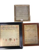3 framed and glazed needlework samplers one dated 1816 Mary and Ann Denton 24 cm x 21 cm one dated