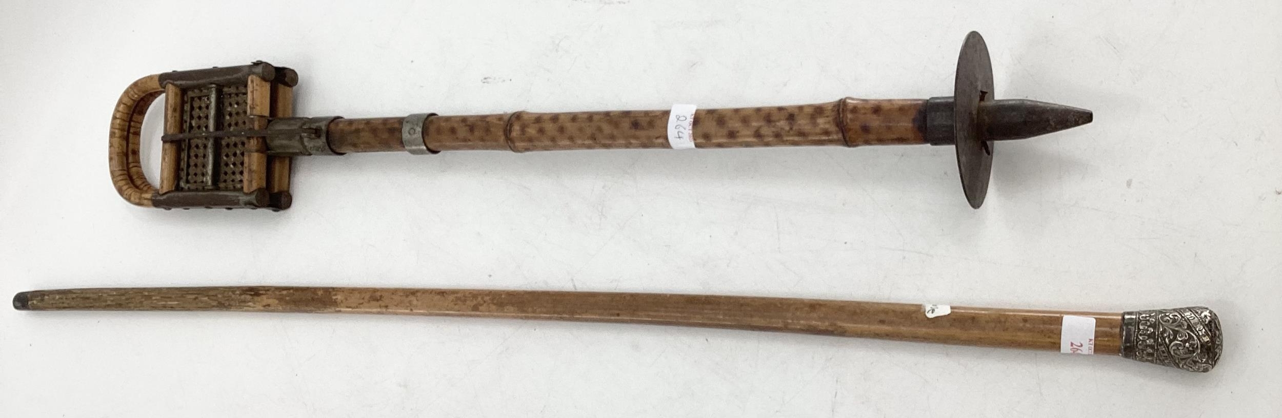 Bamboo shooting stick and a silver topped swagger stick/cane