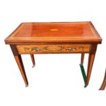 Mahogany card table with painted and chevron and line inlay, and central shell, 83cm Wide