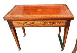 Mahogany card table with painted and chevron and line inlay, and central shell, 83cm Wide