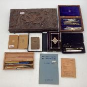 A collection of irons mainly relating to Calligraphy, to include oriental pen box silver calligraphy